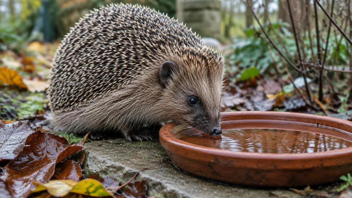 Igel trinkt an einem Novembermorgen aus einer flachen Tonschale auf einer Steinplatte zwischen nassem Laub