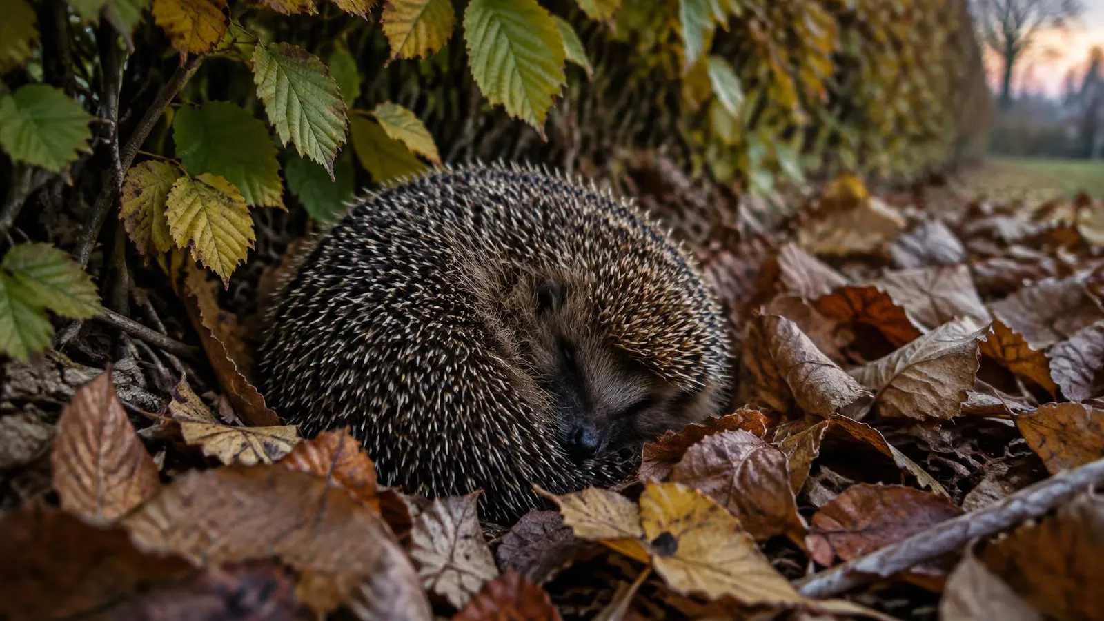 Igel zusammengerollt in einem dicken Laubhaufen unter einer Hainbuchenhecke in der Dämmerung