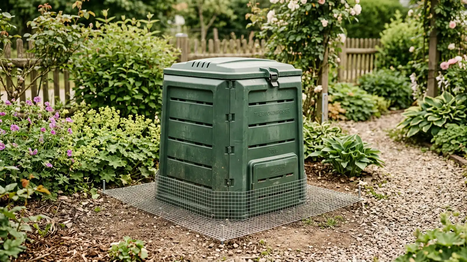 Geschlossener Thermokomposter mit Nagerschutzgitter am Boden im Garten