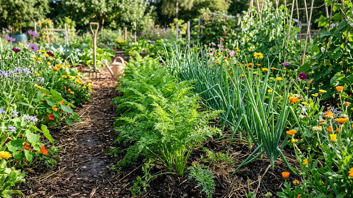 Ein Gemüsegarten mit abwechselnden Reihen von Möhren und Zwiebeln.