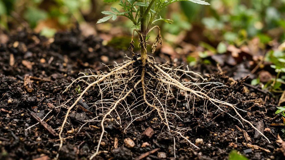 Nahaufnahme von Tagetes-Wurzeln und Nematoden-Schäden im Boden.