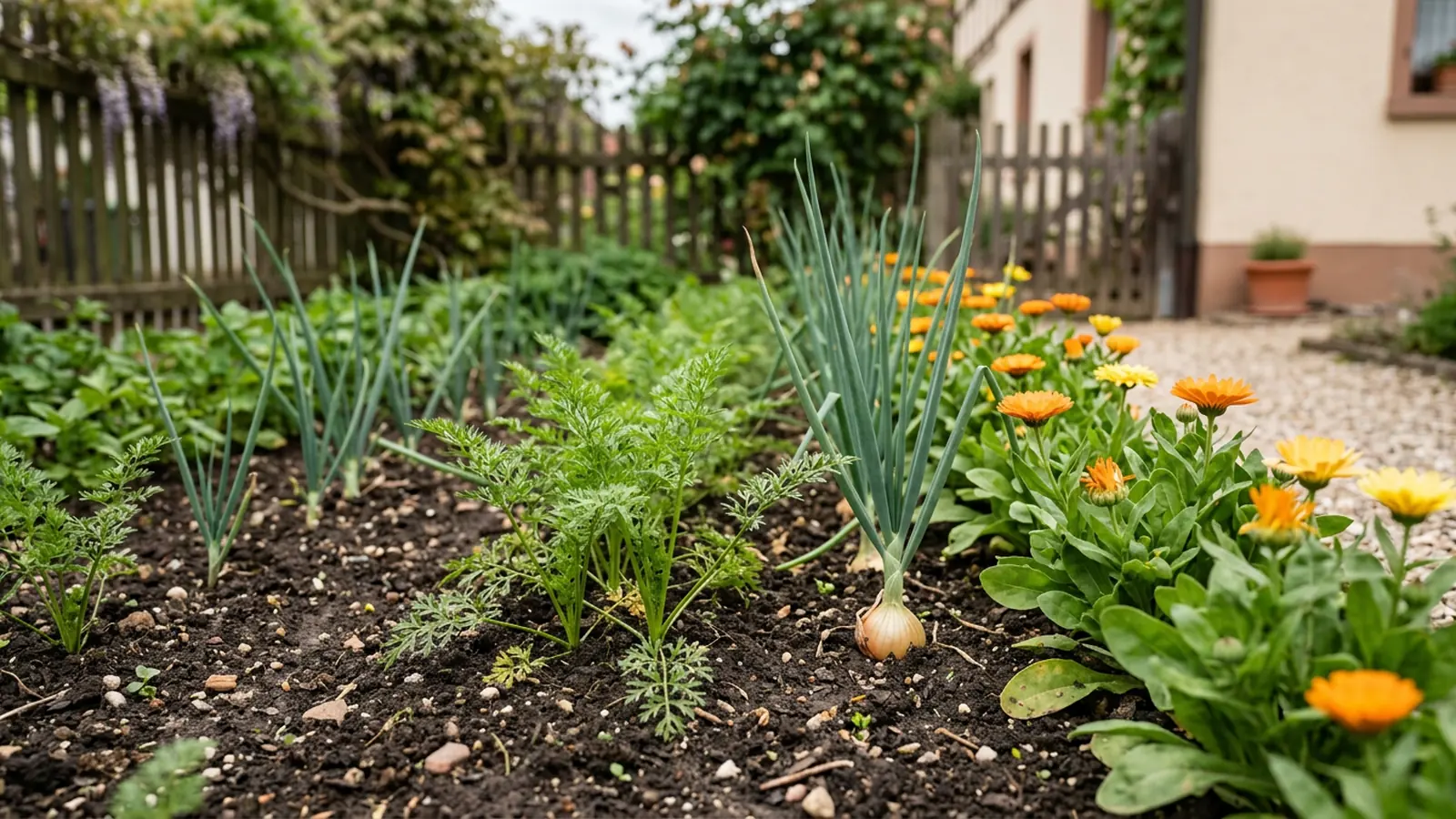 Gemischtes Beet mit Möhren, Zwiebeln und Ringelblumen