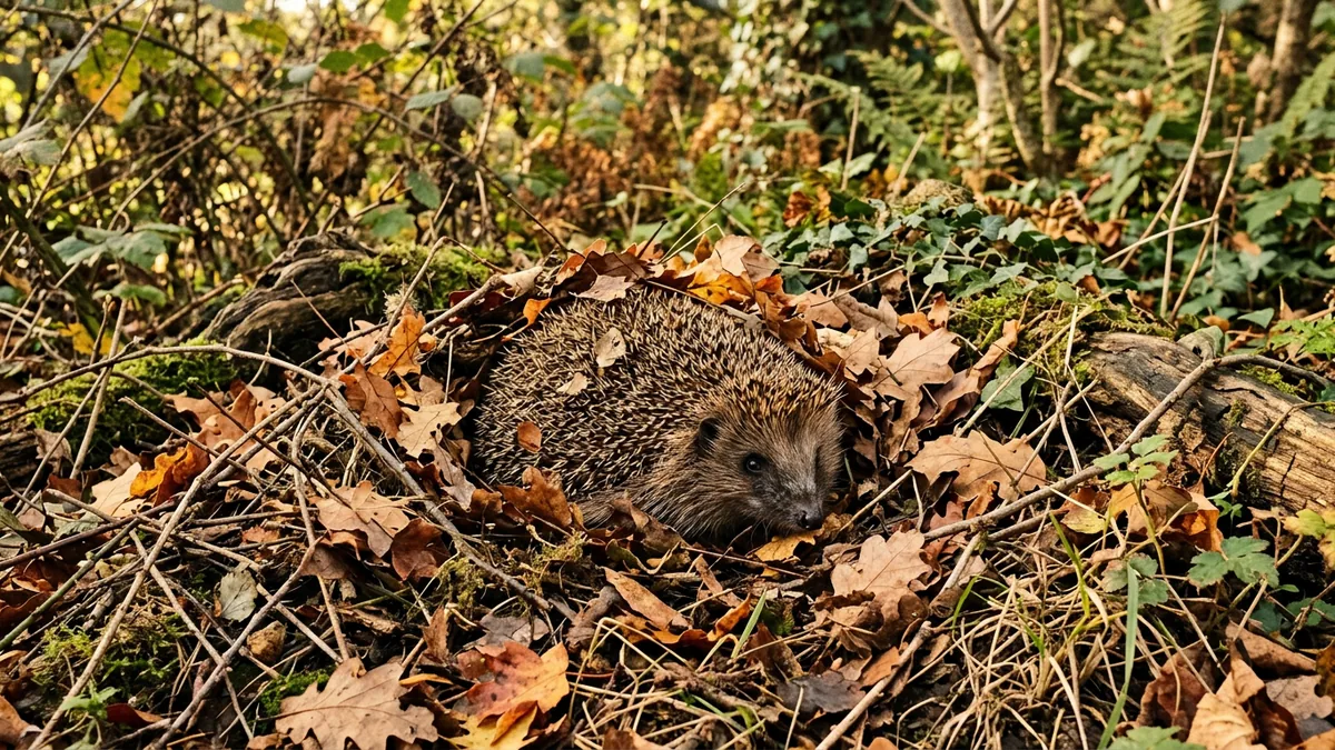 Ein kleiner Igel versteckt sich in einem Haufen aus trockenem Laub und Zweigen.