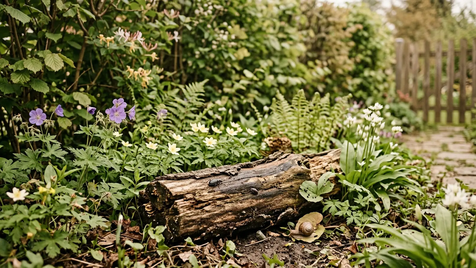 Naturnaher Garten mit Totholz, Hecke und blühenden Stauden