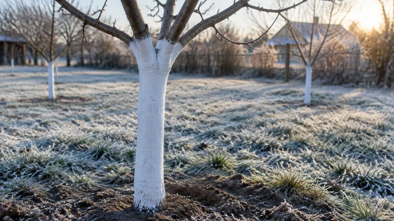 Stamm eines jungen Apfelbaums mit frischem weißem Kalkanstrich bis zu den ersten Ästen auf einer bereiften Wiese in der Wintersonne