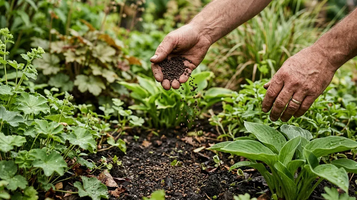 Hände verteilen dunklen organischen Dünger auf der Erde zwischen Gartenpflanzen.