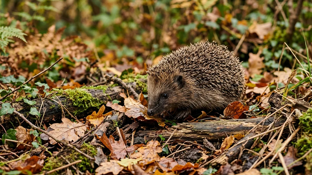 Ein Igel sucht in einer naturnahen Gartenecke mit Laub und Totholz nach Nahrung.