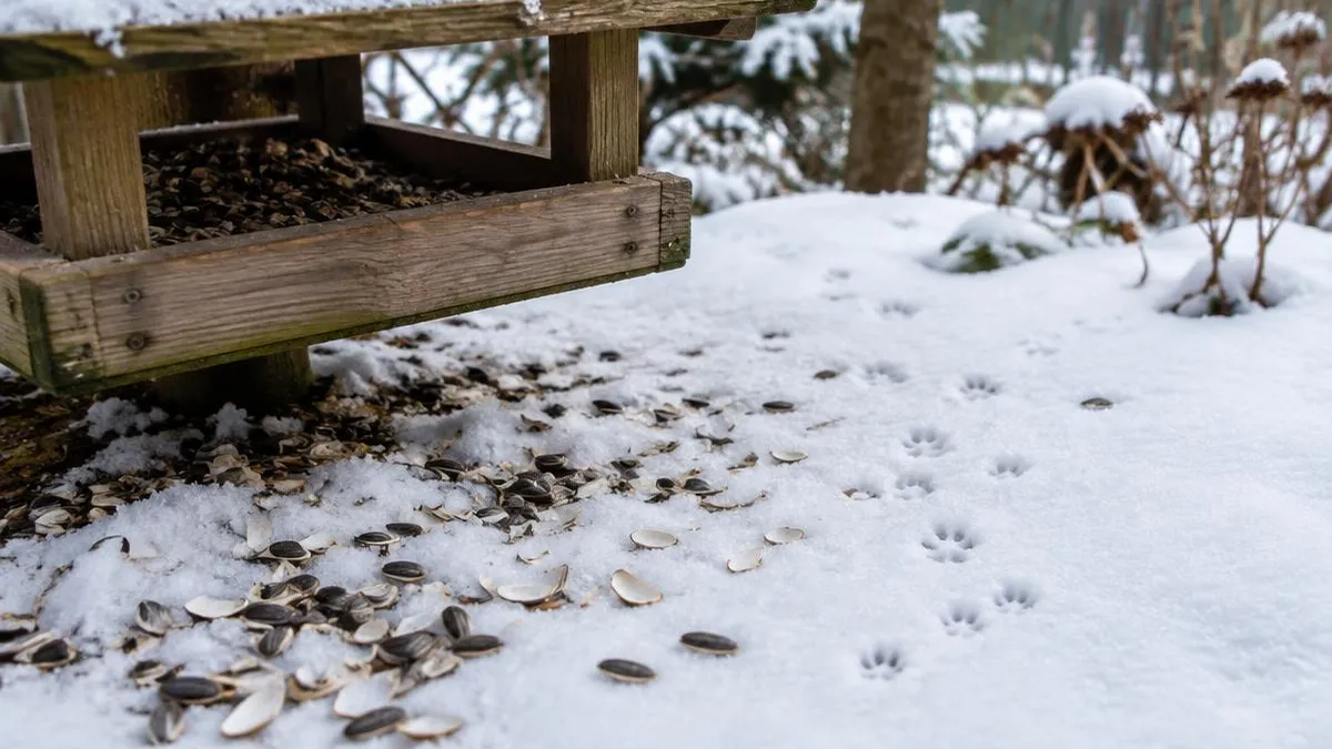 Verstreute Sonnenblumenkerne und Schalen im Schnee unter einem Futterhaus aus Holz, daneben feine Mäusespuren