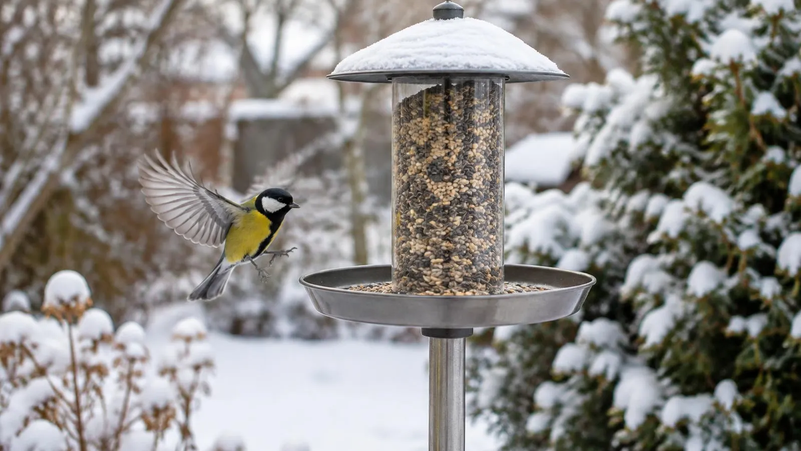 Futtersilo mit Auffangschale an einer glatten Metallstange im verschneiten Garten, eine Kohlmeise fliegt an