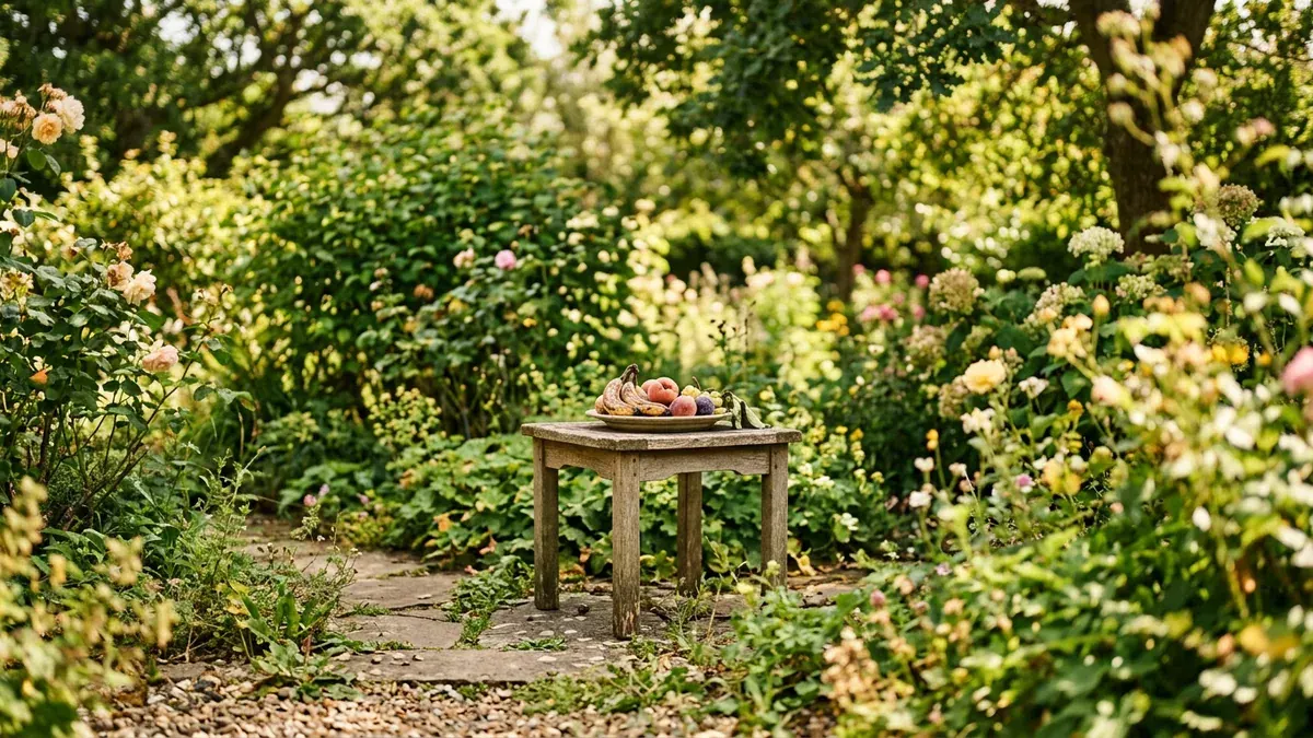Ein kleiner Teller mit Weintrauben in einer entfernten Gartenecke.